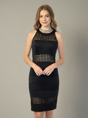 Sleeveless Black Bodycon Midi Dress with Geometric Mesh Panels